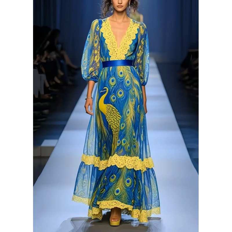 Bohemian Peacock Blue Print Patchwork Lace Chiffon Dress Summer