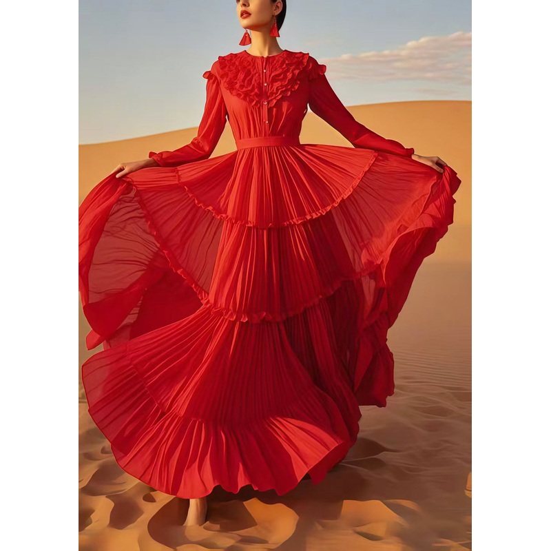 Bohemian Red Ruffled Exra Large Hem Chiffon Holiday Dress Spring