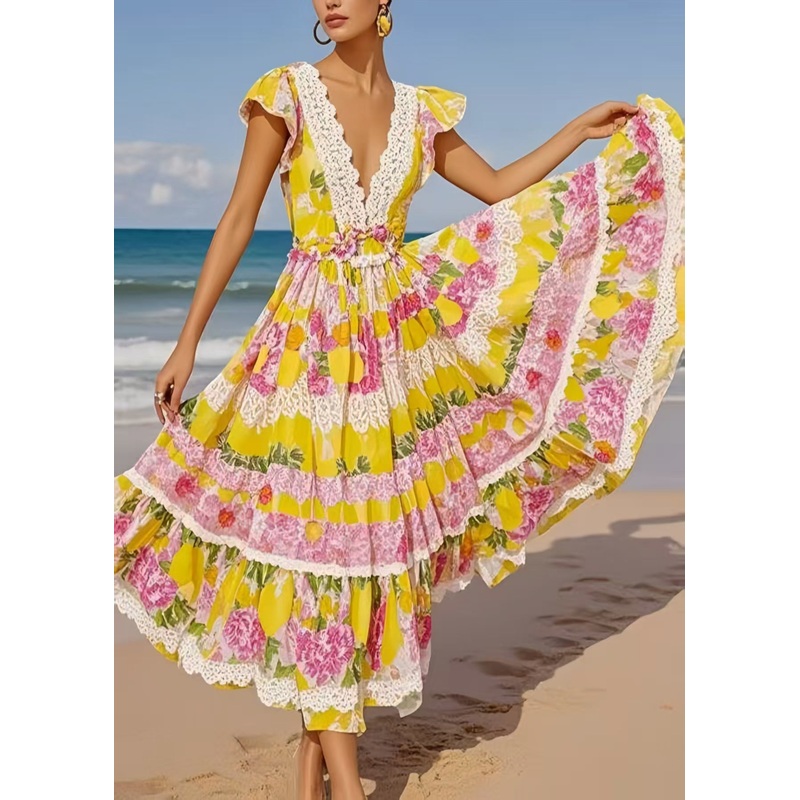 Bohemian Yellow Print Exra Large Hem Cotton Sundress Sleeveless