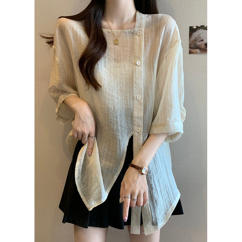 Chic Apricot Square Collar Button Chiffon Shirt Bracelet Sleeve