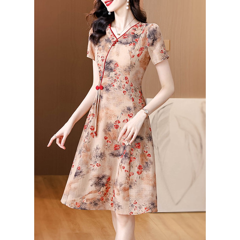 Stylish Red V Neck Print Tasseled Chiffon Mid Dress Summer