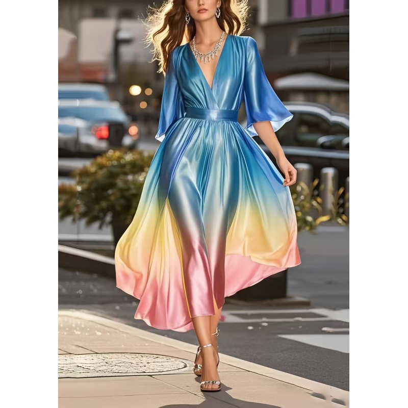Unique Gradient Color Cinched Draping Silk Dress Summer