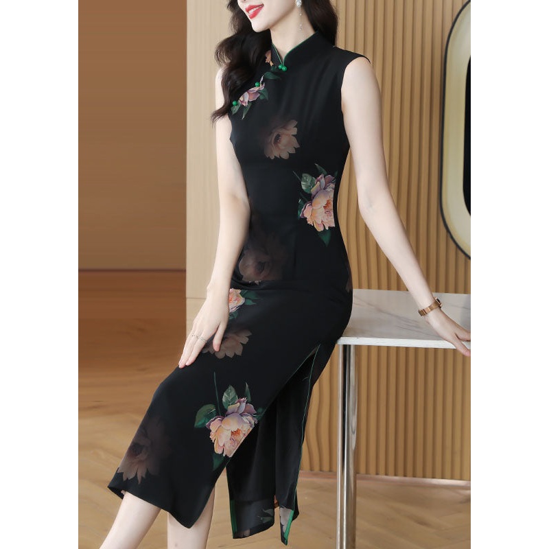 Vintage Black Stand Collar Print Side Open Chiffon Dresses Sleeveless