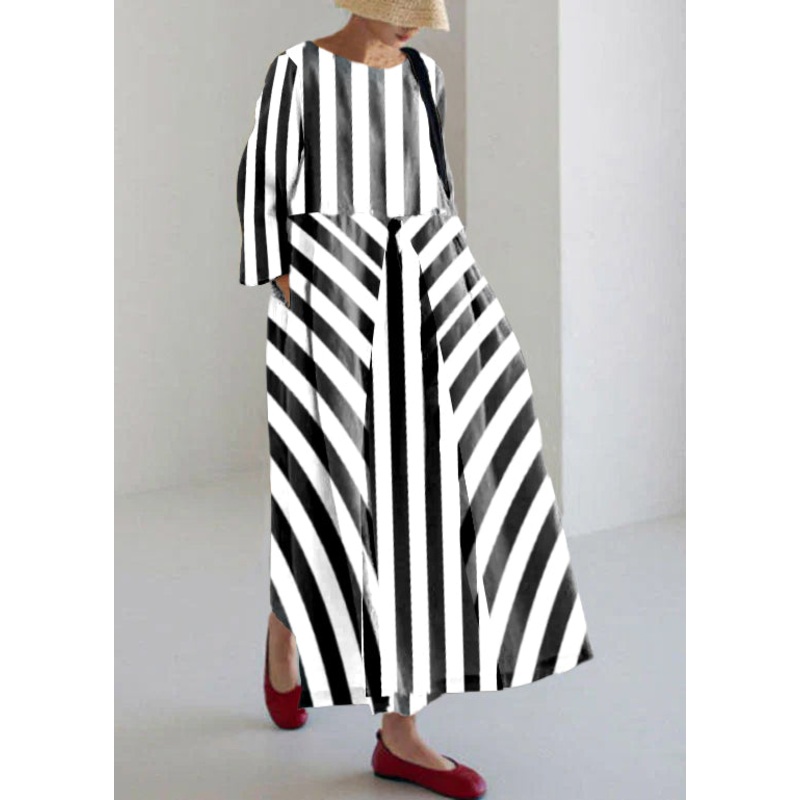 White Stripes Cotton Dresses Pockets Patchwork Spring