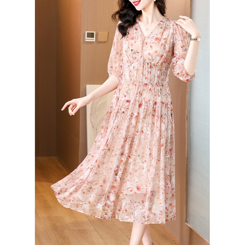 Women Pink V Neck Embroidered Wrinkled Silk Dress Summer