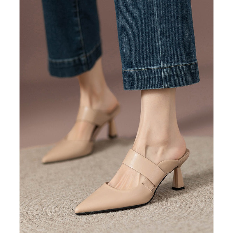 Apricot Faux Leather Fine High Heels Slide Sandals Pointed Toe