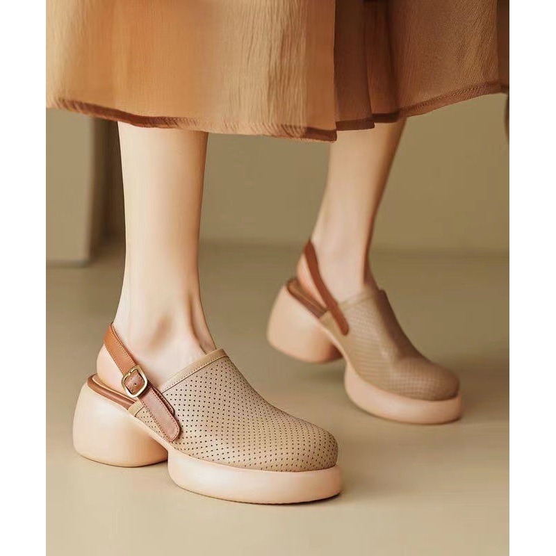Apricot Sheepskin Versatile Hollow Out Chunky Heel Sandals