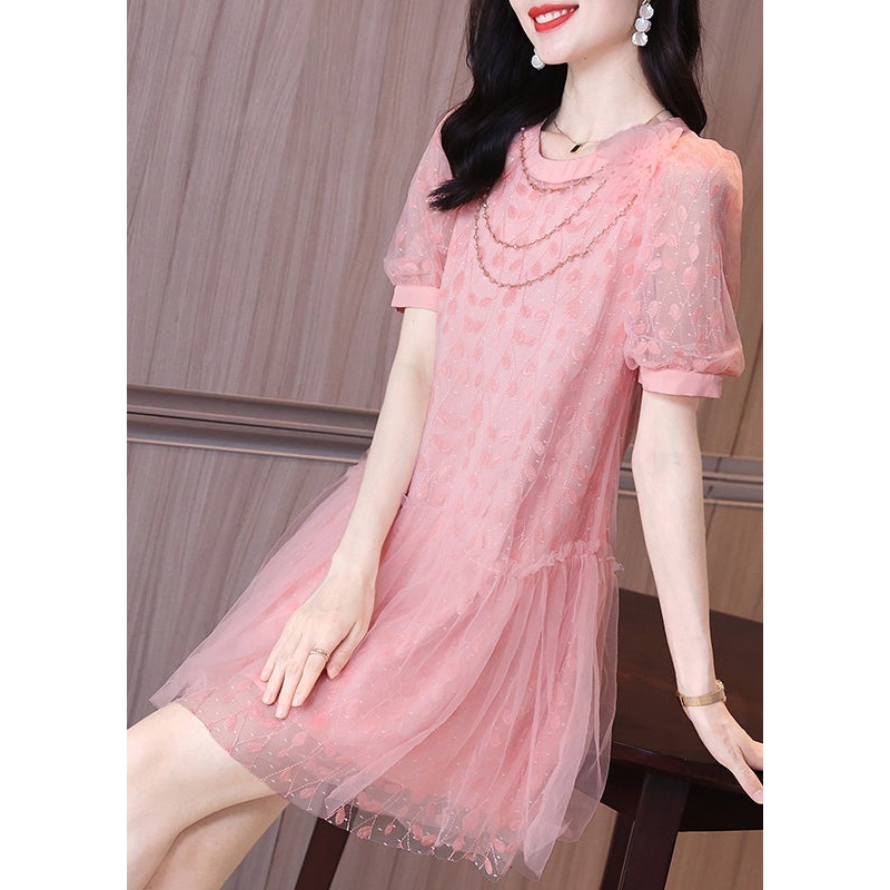 Art Pink Ruffled Patchwork Tulle Party Mid Dress Short Sleeve