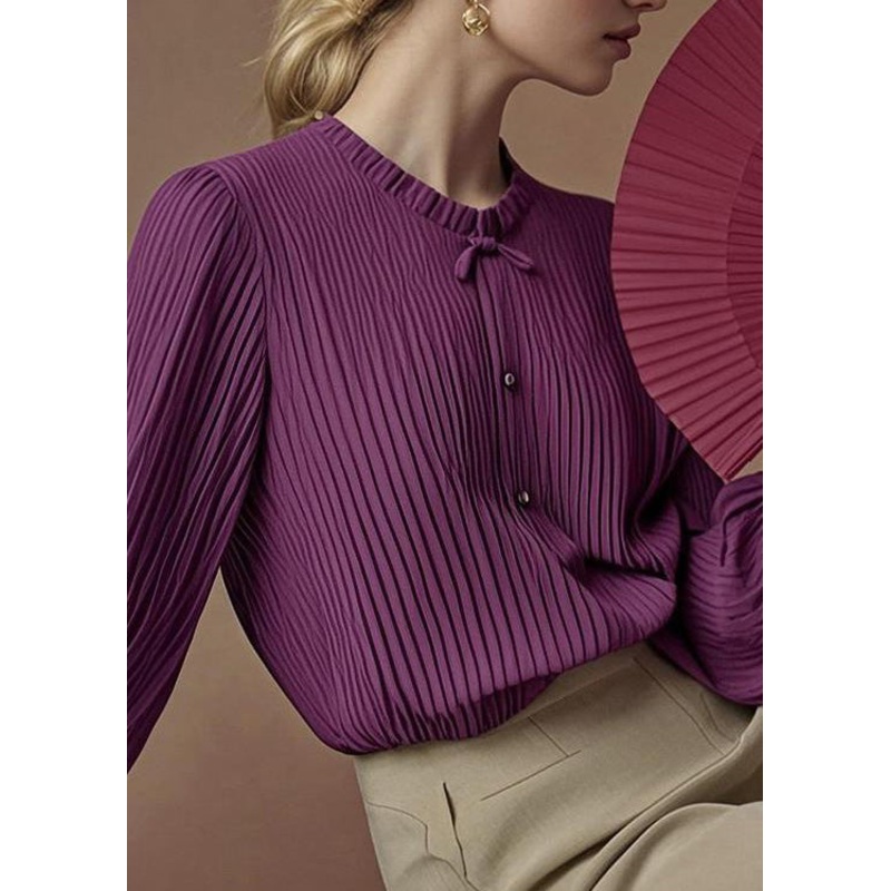 Art Purple O-Neck Wrinkled Chiffon Blouse Tops Spring