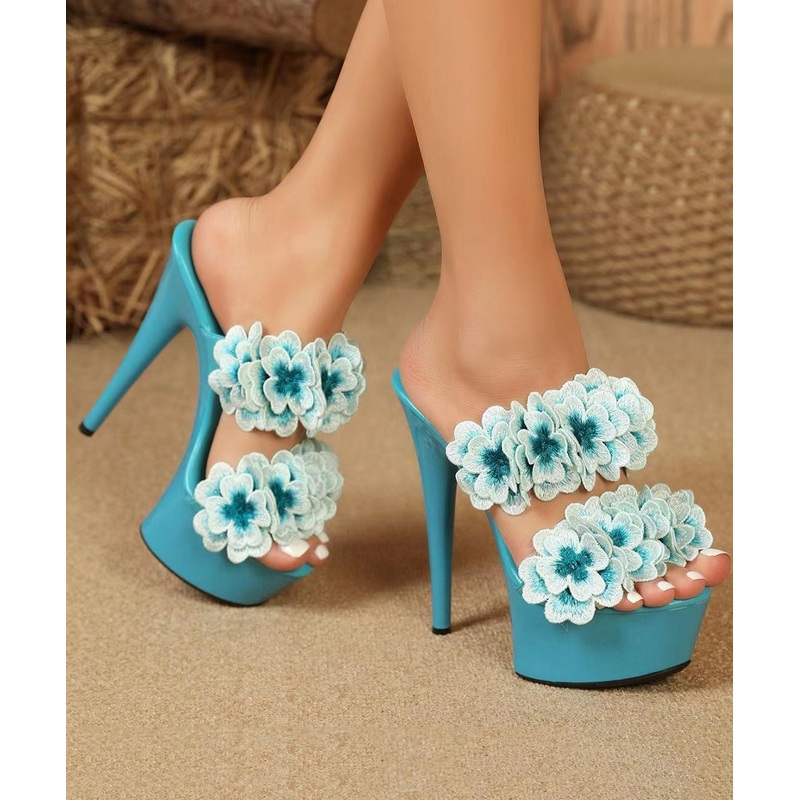 Baby Blue Floral Patchwork Stiletto Heels Classy Slide Sandals
