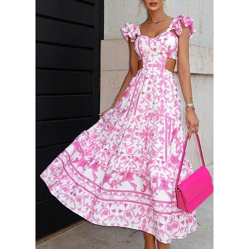 Beautiful Pink Ruffled Hollow Out Backless Print Dresses Summer