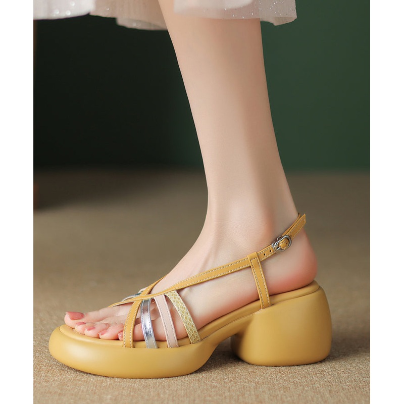 Beautiful Yellow Hollow Out Cowhide Leather Chunky Sandals