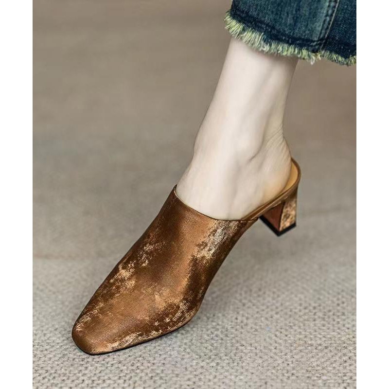 Boutique French Satin Chunky Heel Brown Slide Sandals