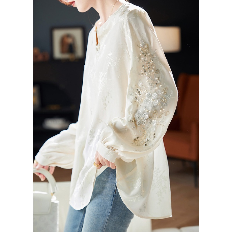 Boutique White V Neck Sequins Nail Bead Chiffon Shirt Spring
