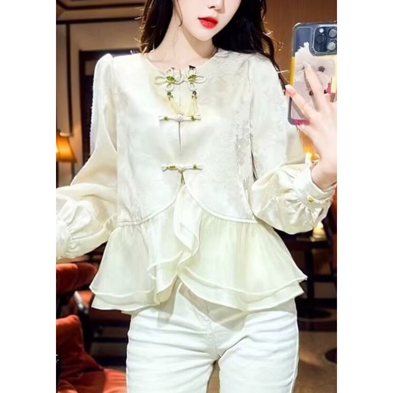 Chinese Style Ruffled Oriental Button Patchwork Silk Shirt Top Spring