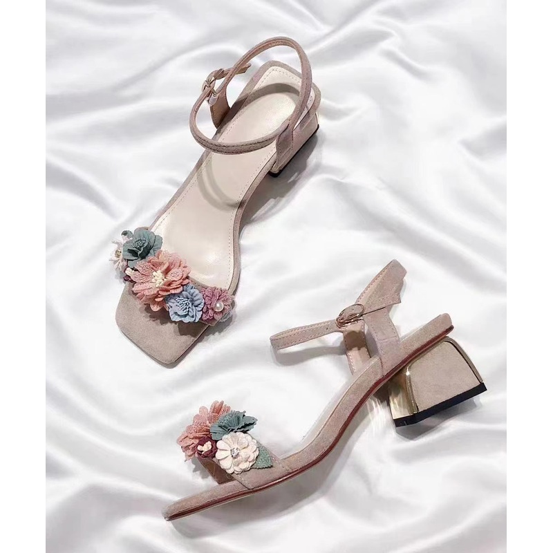 Classy Apricot Floral Buckle Strap Chunky Heel Sandals Peep Toe