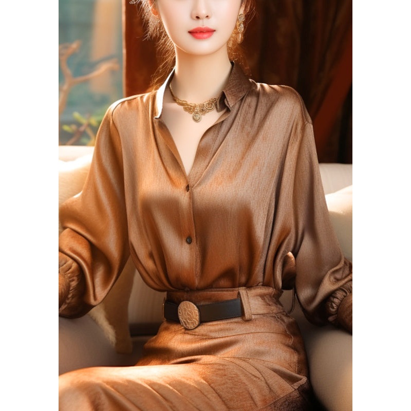 Classy Brown Stand Collar Button Silk Blouse Top Lantern Sleeve