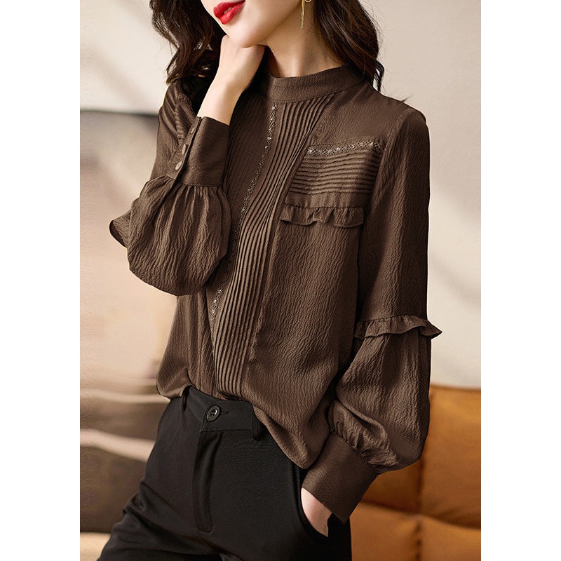 Elegant Chocolate Ruffled Patchwork Silk Shirt Tops Spring