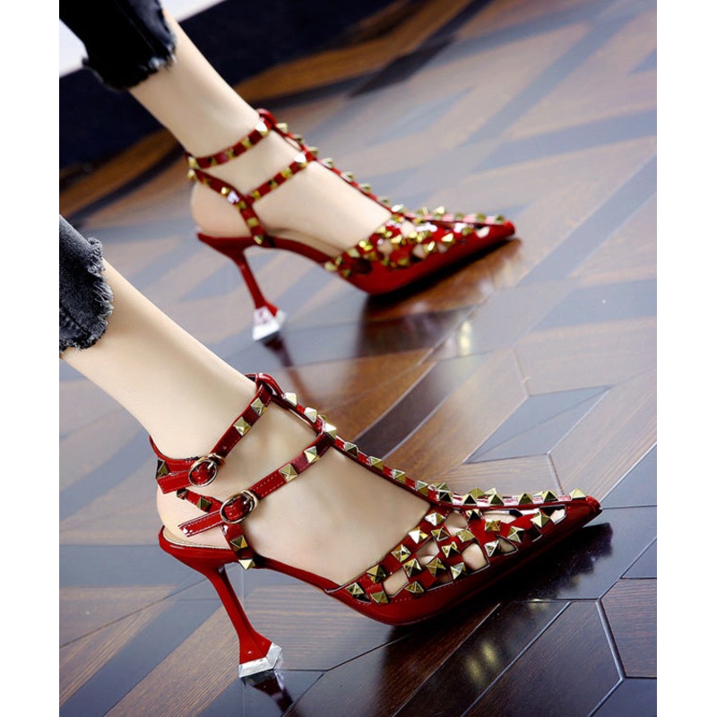 European And American Wine Red Hollow Out Rivet Pointed Stiletto High Heels