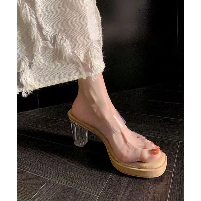 Fashion Apricot Clear Chunky Heel Slide Sandals