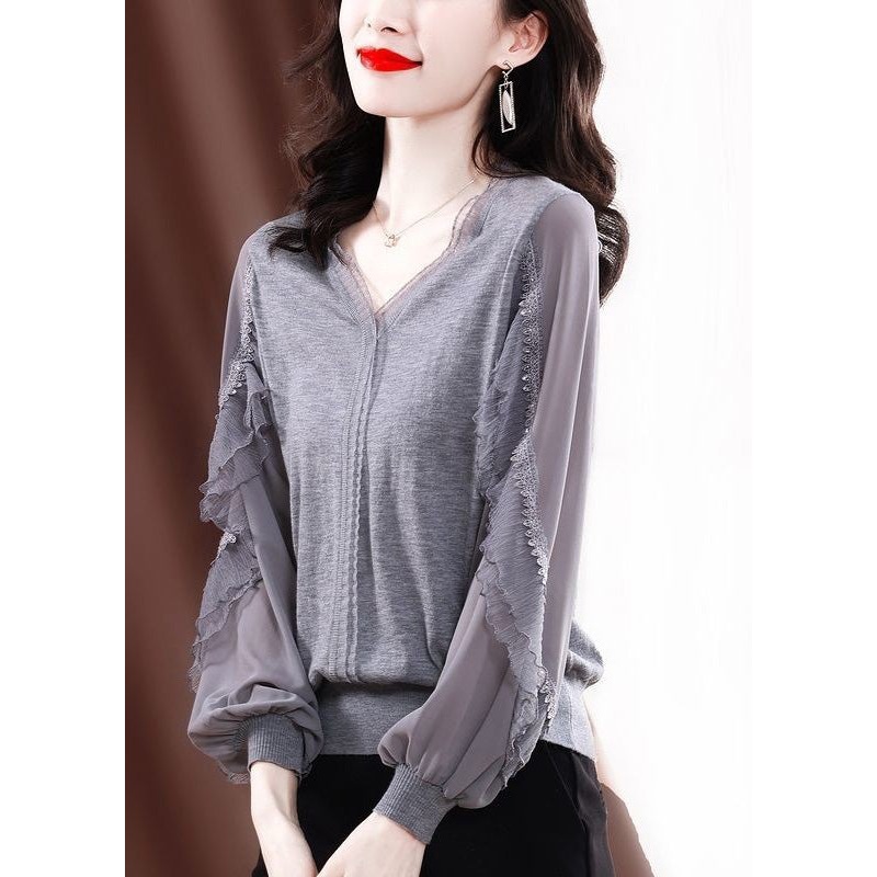 Fine Grey Tulle Patchwork Ruffled Knit Shirt Spring