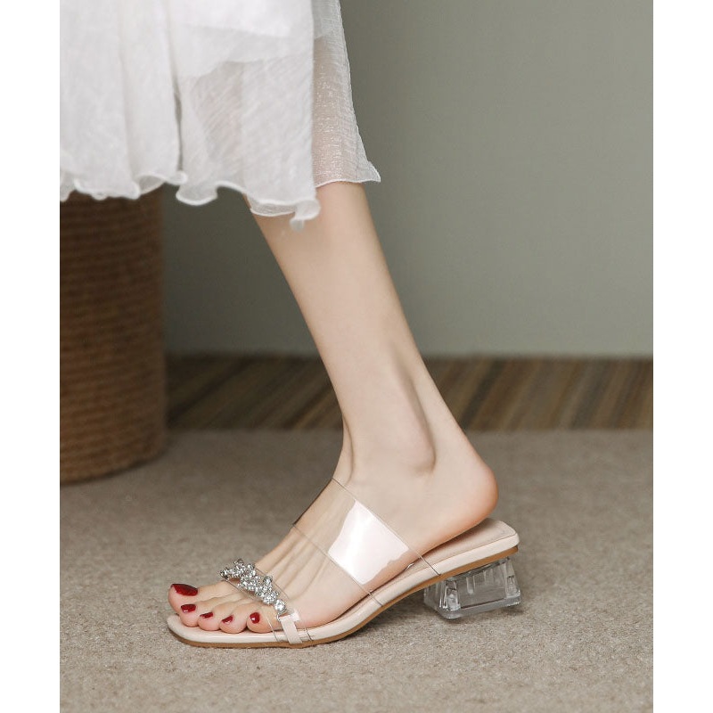 French Apricot Clear Chunky Heels Slide Sandals Peep Toe Zircon