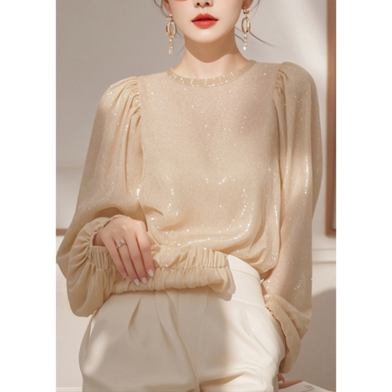 French Apricot O Neck Sequins Shirt Tops Spring