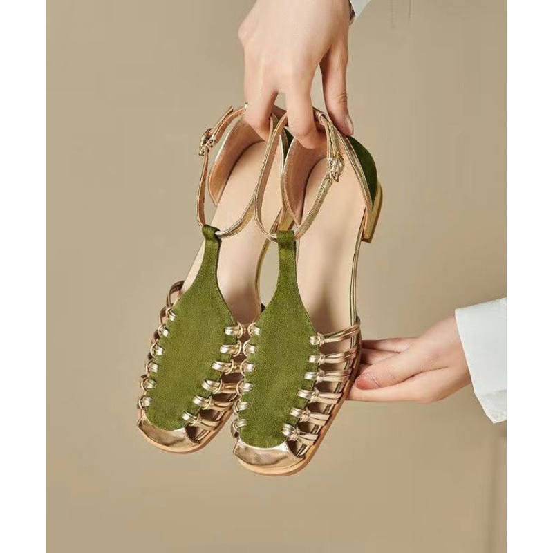 Handmade Green Hollow Out Splicing Walking Sandals