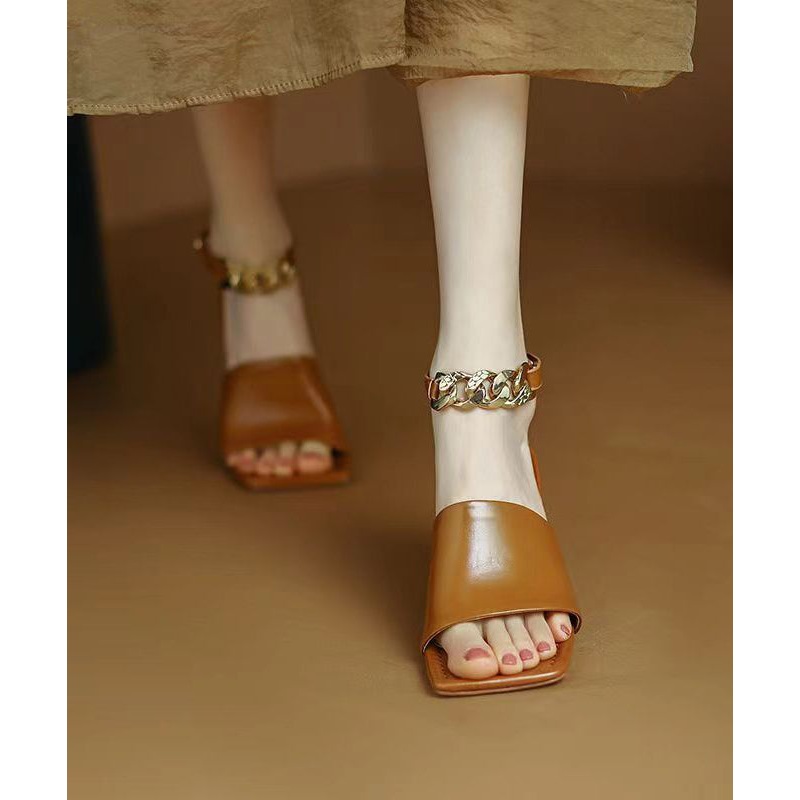 Italian Caramel Chunky Heel Chain Linked Splicing Sandals Peep Toe