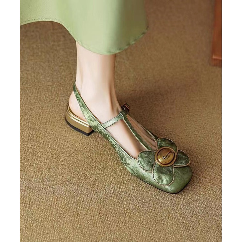 New Chinese Style Green Flower Buckle Strap Flat Shoes