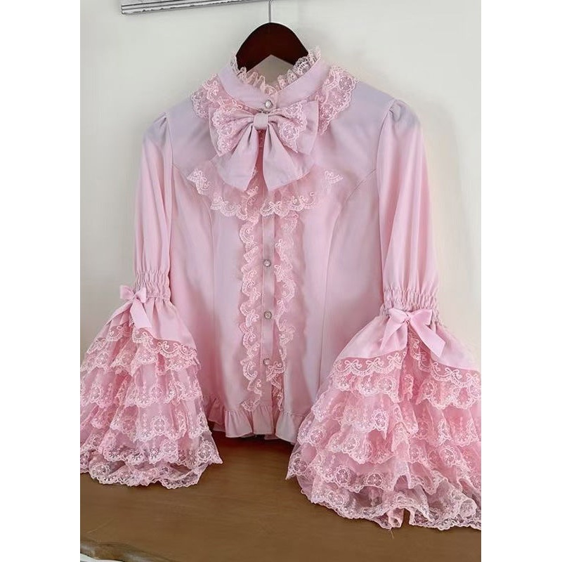 Original Design Sweet Pink Lace Patchwork Shirt Flare Sleeve