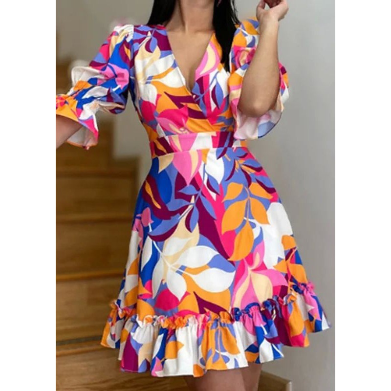 Stylish V Neck Print Ruffled Patchwork Mid Dress Summer