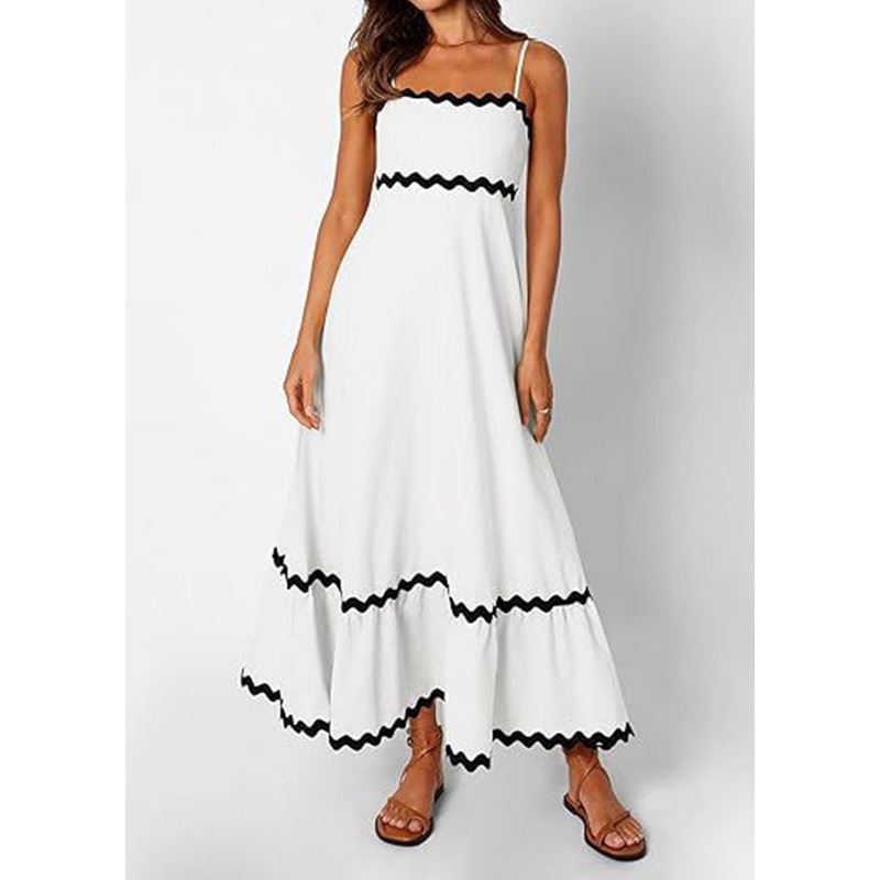 Stylish White Patchwork Spaghetti Strap Dress Sleeveless
