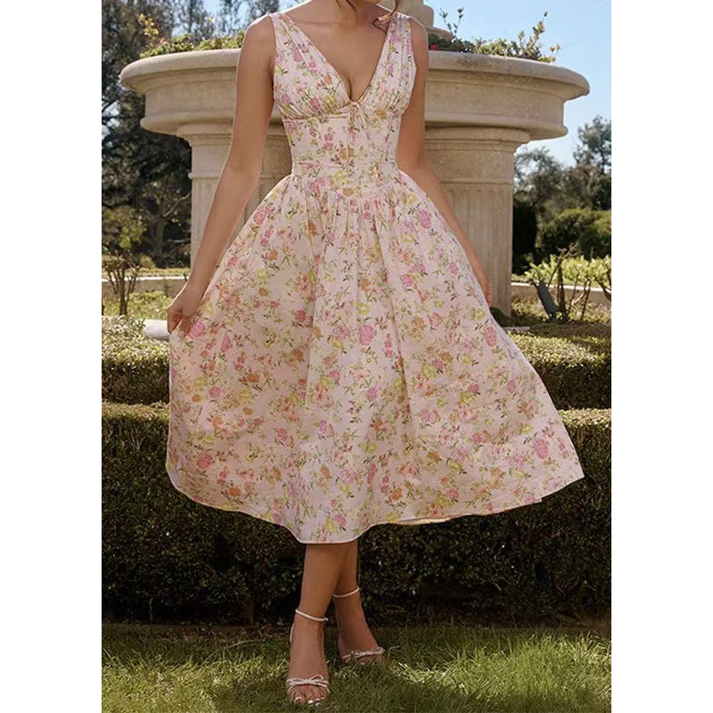 Summer Elegant Fashion High Waist Open Back Strap Pink Print Dress