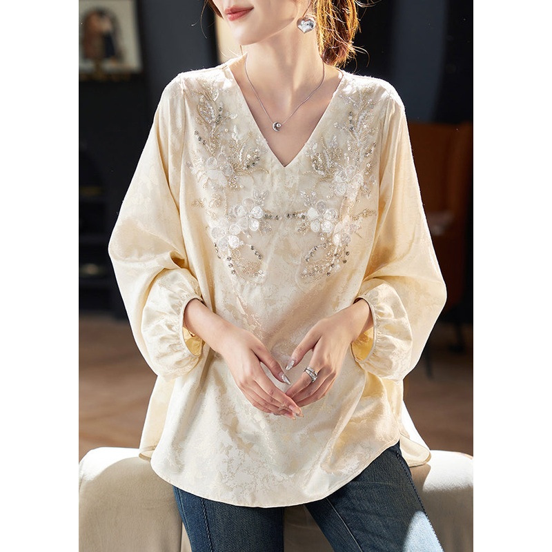 Unique Beige V Neck Jacquard Zircon Chiffon Shirt Top Spring