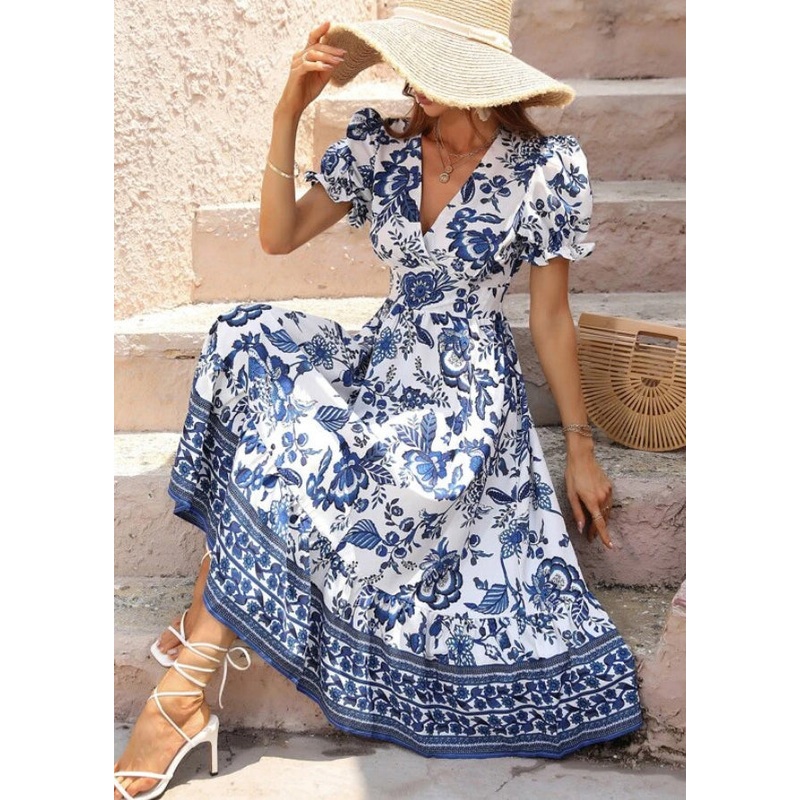 Unique Blue V Neck Puff Sleeve Print Long Dress