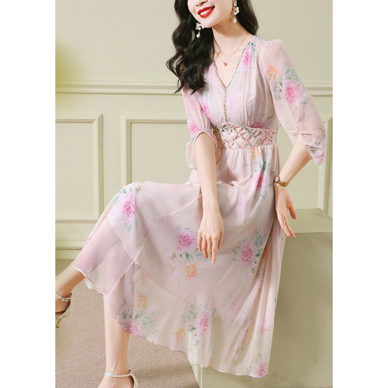 Vogue Apricot V Neck Print Zircon Long Dress Puff Sleeve