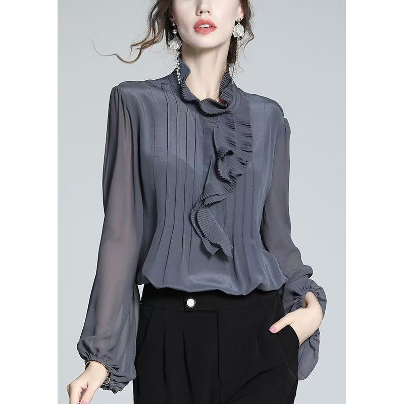 Women Grey Blue Ruffled Patchwork Chiffon Shirts Spring