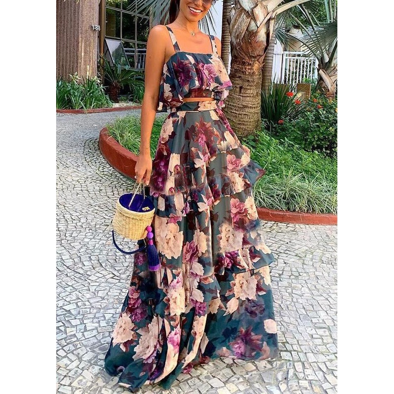 Women Purple Ruffled Print Patchwork Two Piece Set Summer