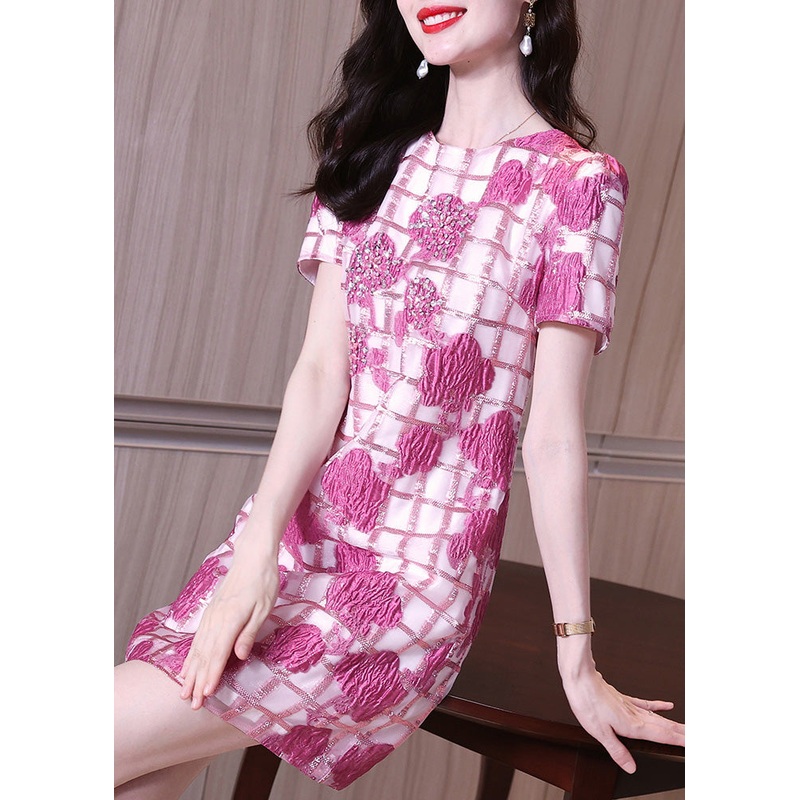 Women Rose O Neck Jacquard Slim Fit Chiffon Dress Summer