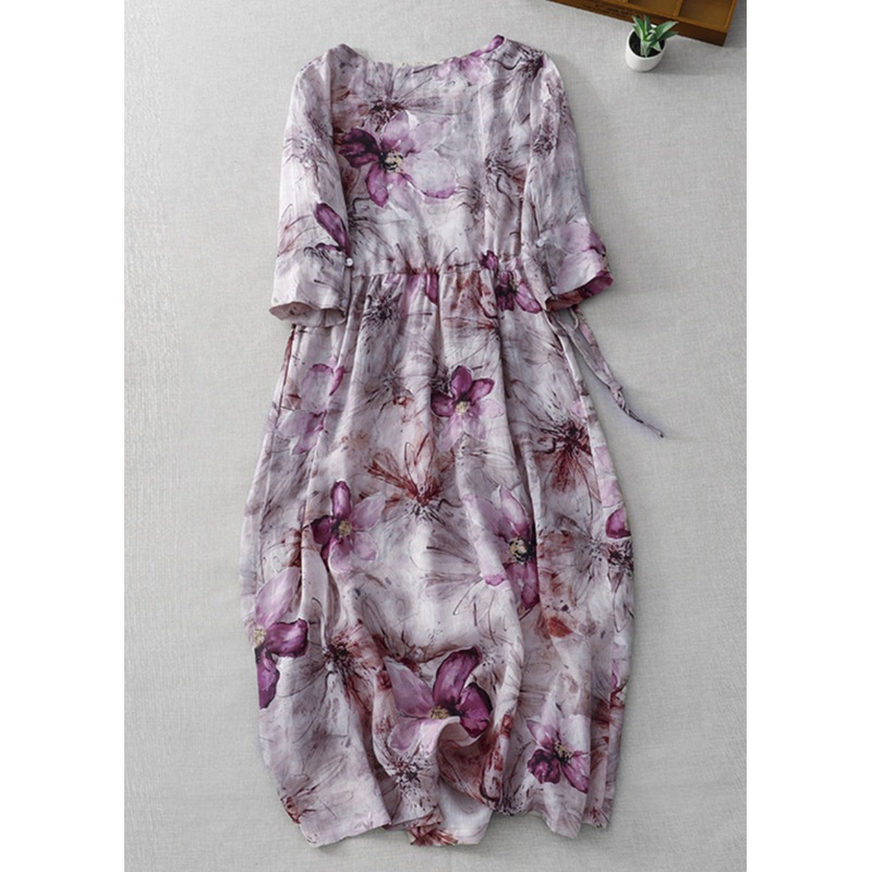 Beautiful Purple O Neck Print Lace Up Cotton Dress Half Sleeve