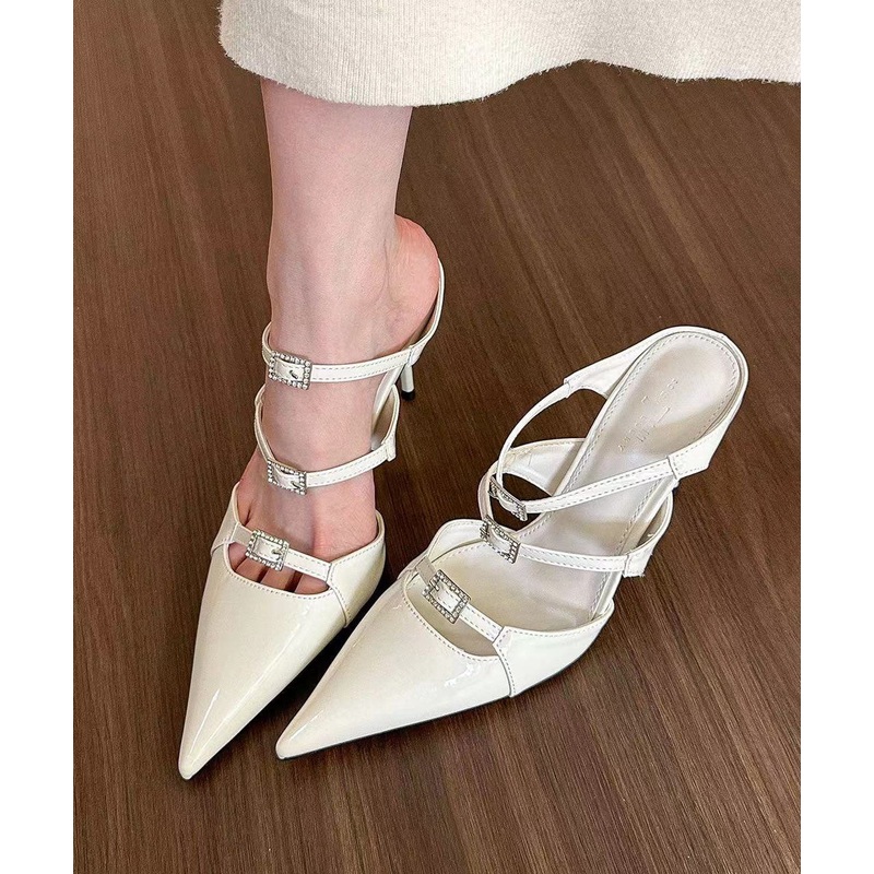 Beige Stiletto Heels Splicing Slide Sandals Hollow Out Pointed Toe