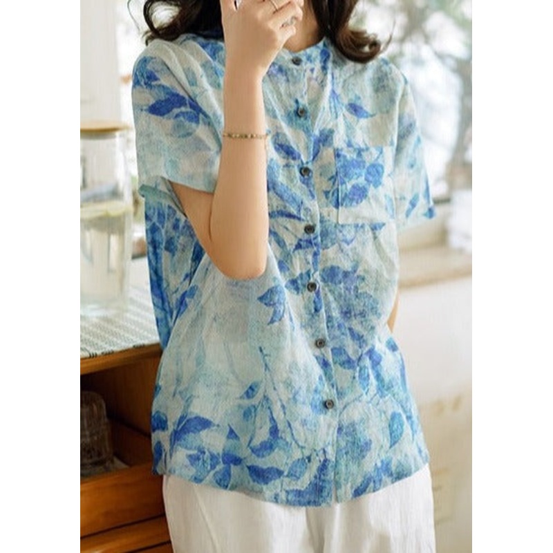 Blue Summer Linen Casual Shirt Short Sleeve
