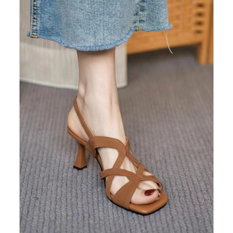Boutique Brown Hollow Out Splicing High Heel Sandals