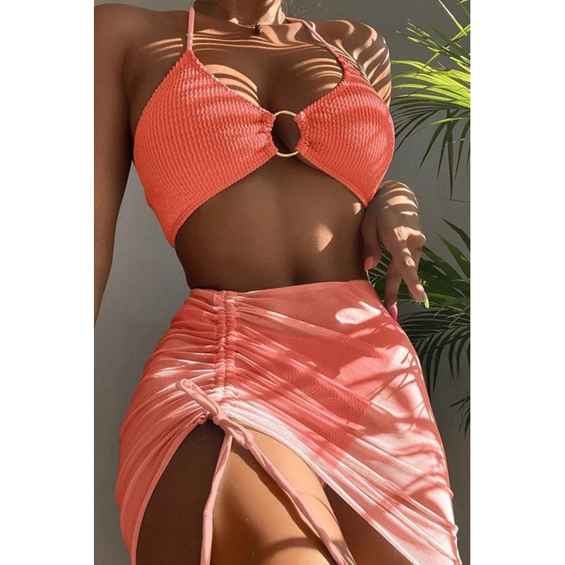 Commuting Style Suspender Pleated Hoop Three Pieces Swimsuit Set