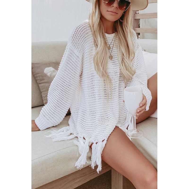 Easy Breezy Knit Long Sleeve Tassel Cover Up