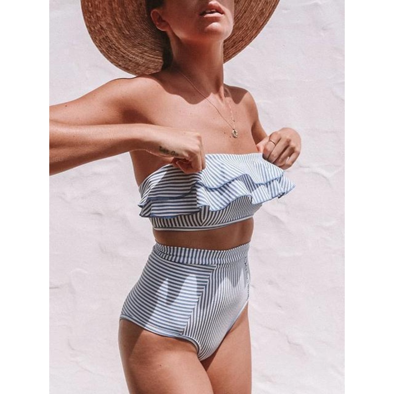Flounce Sleeve Bandeau Stripe Swimsuit