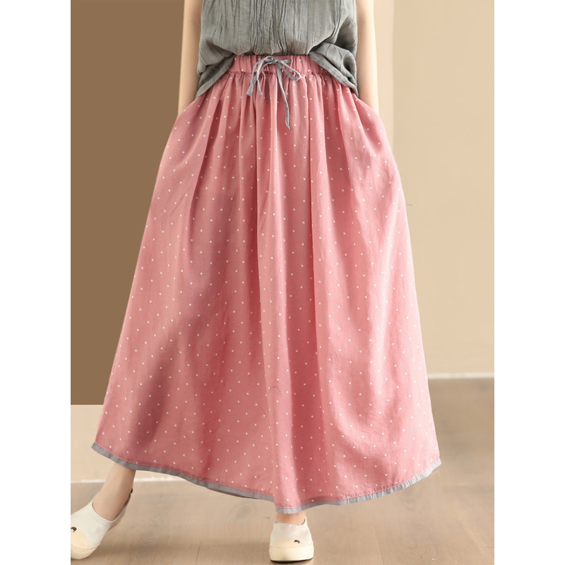 Pink Summer Artsy Dot Loose Ramie Skirt