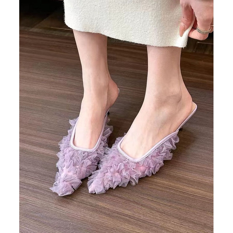 Purple High Heel Tulle Boutique Slide Sandals Pointed Toe