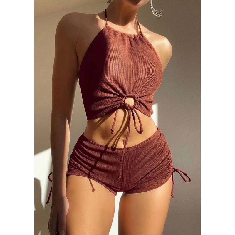 Solid Color Sexy Halter Neck High Waist String Stretch Bikini Swimsuit